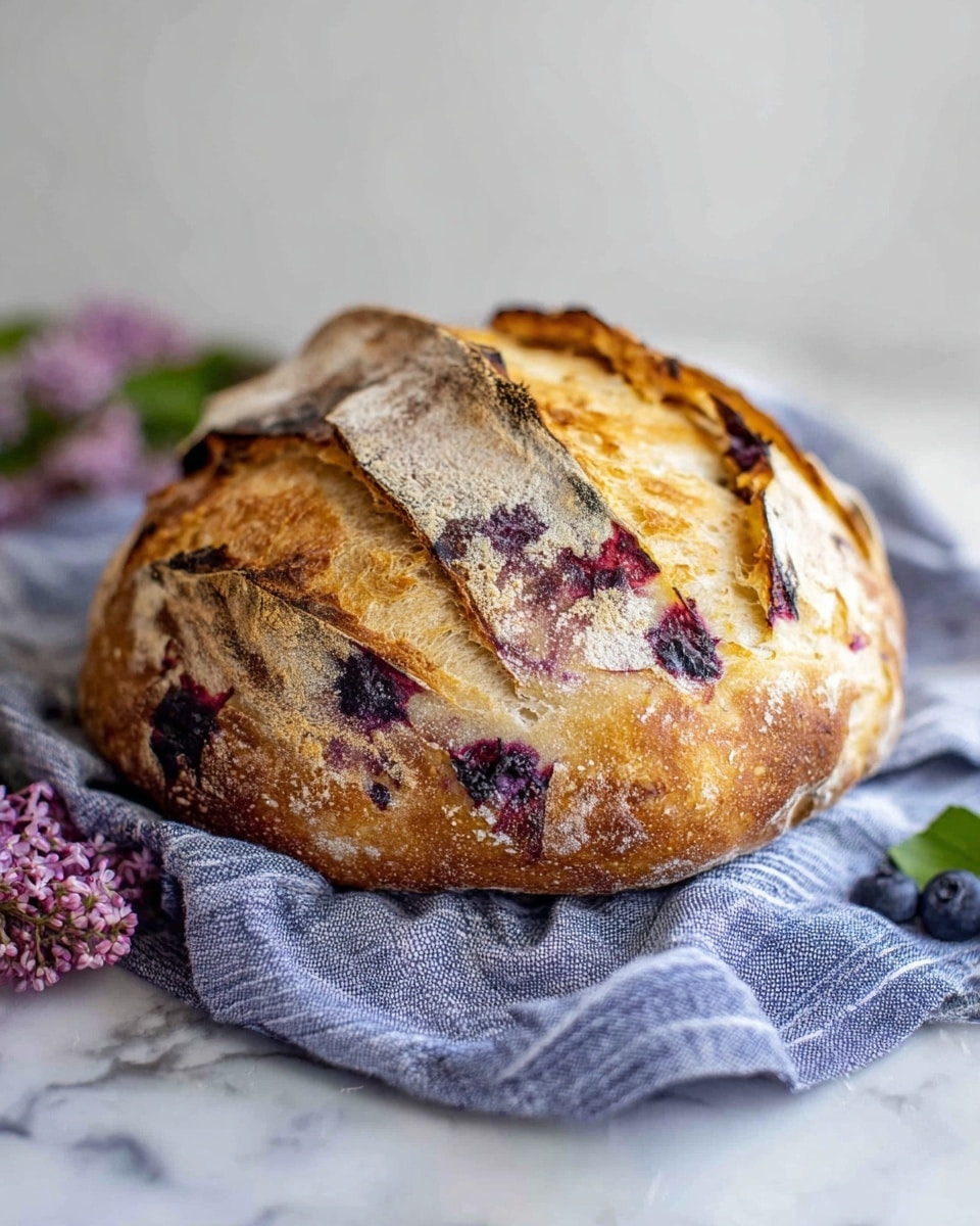 A round loaf of bread sits on a soft, wrinkled blue and white striped cloth on a white marbled surface, with small clusters of purple flowers and a few blueberries nearby. The bread has a golden brown, crusty outer layer with a dusting of flour, and deep slashes on the top revealing a light, fluffy inner texture mixed with dark purple bursts, likely berries, showing through. The crust shows varied shades from light to dark brown, with slightly burnt edges adding to the rustic look. photo taken with an iphone --ar 4:5 --v 7