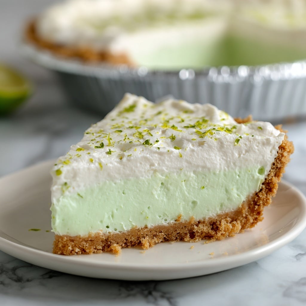 A slice of key lime jello pie sits on a white round plate on a white marbled surface. The pie has two layers: a thin, crumbly golden-brown crust at the bottom and a thick, fluffy light green jello filling on top. The jello layer looks soft and airy with small green zest pieces sprinkled over it. In the background, the remaining pie is in a silver foil pie tin with one slice removed, showing the same two layers. Photo taken with an iphone --ar 4:5 --v 7