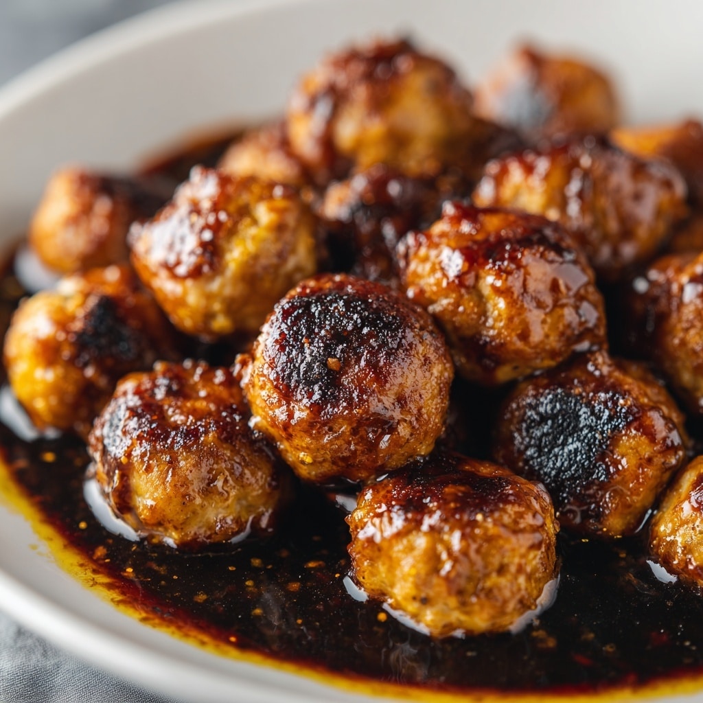 The image shows many small, golden-brown meatballs with a slightly crispy surface, covered in a dark, shiny sauce. The meatballs are closely packed together, with a few showing some charred spots that add texture and depth. The dark sauce looks thick and glossy, coating each meatball evenly and pooling slightly around the edges. The background is a white marbled texture. Photo taken with an iphone --ar 4:5 --v 7