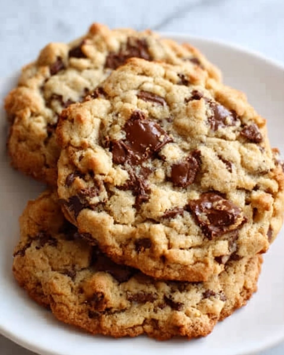 A close-up view of three thick chocolate chip cookies stacked unevenly on a white plate, showing the golden-brown, slightly cracked tops filled with large, melted chocolate chunks. The cookies have a rough, crumbly texture with a mix of light and dark brown shades. The background is a white marbled surface. Photo taken with an iphone --ar 4:5 --v 7