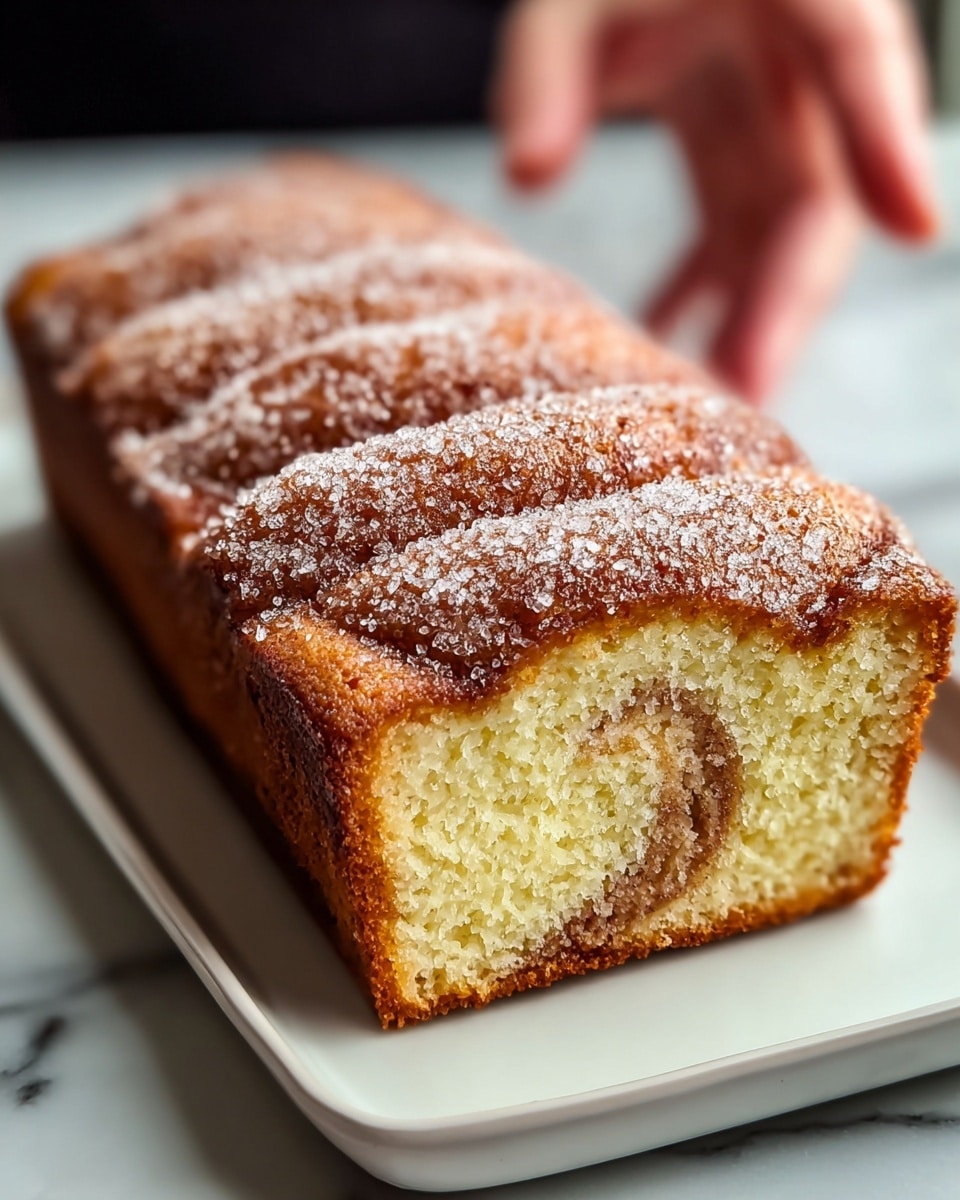 This image shows a loaf cake on a white marbled surface. The cake has one visible layer with a soft, light yellow inside texture that looks fluffy and moist. There is a thin cinnamon swirl running horizontally through the middle. The outside crust is a golden brown color and is evenly coated with a fine layer of sugar granules. The cake sits in a rectangular metal baking pan. In the background, a woman's hand is slightly blurred. Photo taken with an iphone --ar 4:5 --v 7