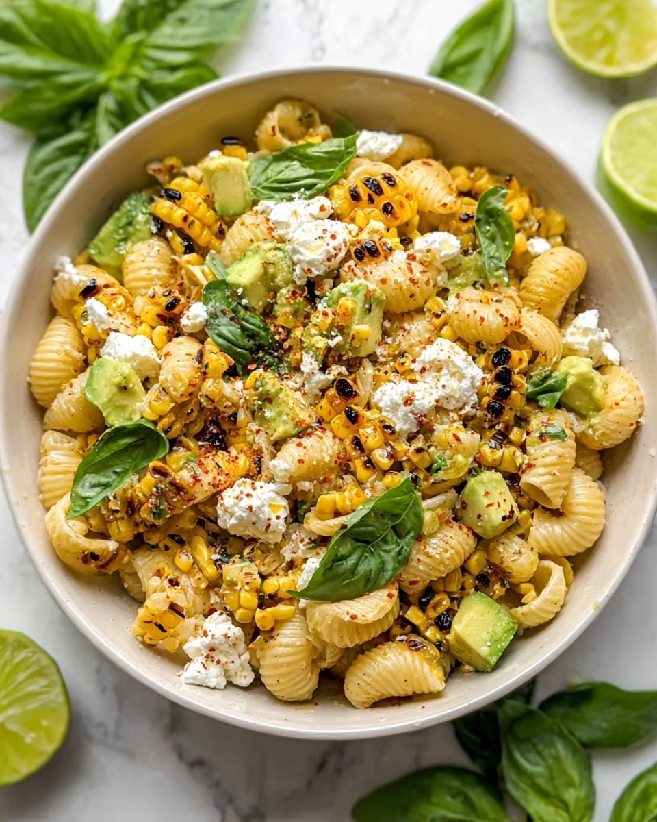 A white bowl filled with one main layer of curled, pale yellow pasta surrounded by bright yellow roasted corn pieces. Scattered on top are small dollops of white creamy cheese and dark green basil leaves, with some charred corn kernels adding blackened brown spots. There are a few chunks of fresh green avocado and a light dusting of reddish chili powder on top. The bowl sits on a white marbled surface with green basil leaves and lime wedges partly visible around it. Photo taken with an iphone --ar 4:5 --v 7