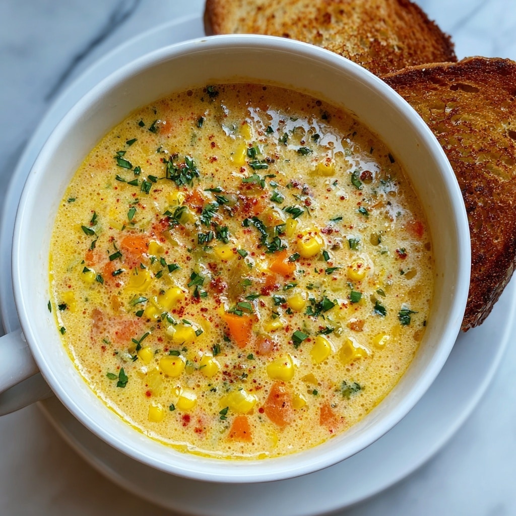 A brown bowl filled with thick corn chowder showing visible yellow corn kernels and chunks of potato mixed into a creamy, slightly textured broth. The top layer is sprinkled with small green herb pieces and bits of crispy bacon, adding red-brown and green contrast to the pale soup. The bowl sits on a white marbled surface with two slices of toasted bread in the background, showing crisp golden crusts and soft inner texture. Photo taken with an iphone --ar 4:5 --v 7