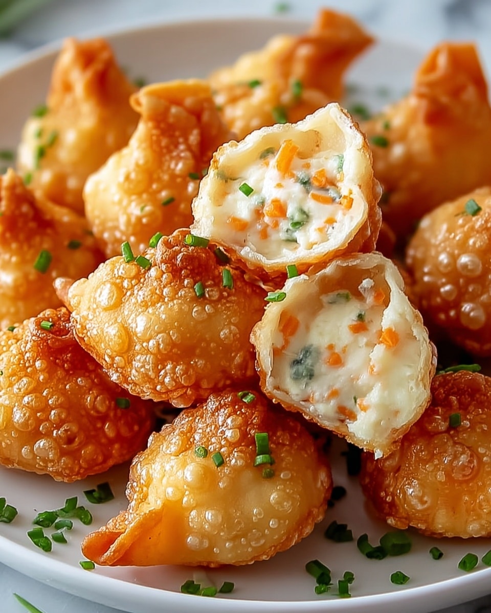 A pile of small, golden-brown fried dumplings with a bubbled, crispy outer layer sits on a white plate against a white marbled background. One dumpling is broken open and placed on top, revealing a creamy filling with white and orange bits, possibly cheese and finely chopped carrots, along with small pieces of green herbs inside. The dumplings are garnished with scattered finely chopped green herbs all around them. photo taken with an iphone --ar 4:5 --v 7
