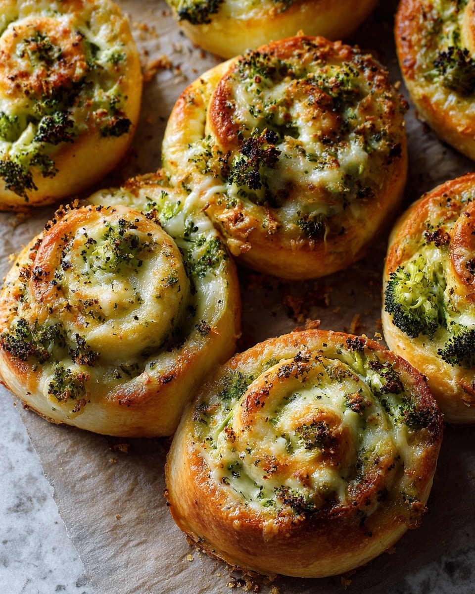 The image shows several golden-brown savory rolls arranged closely on a sheet of parchment paper. Each roll has multiple spiral layers, with the dough looking soft and slightly flaky, and filled generously with finely chopped green broccoli and melted cheese that shows a mix of creamy white and golden-brown spots. The broccoli pieces add texture with their small, slightly charred buds, and the cheese is melted smoothly throughout the layers, creating a rich and appetizing look. The rolls have a crispy, browned outer edge with some specks of seasoning visible on the surface. The background is a white marbled texture. photo taken with an iphone --ar 4:5 --v 7