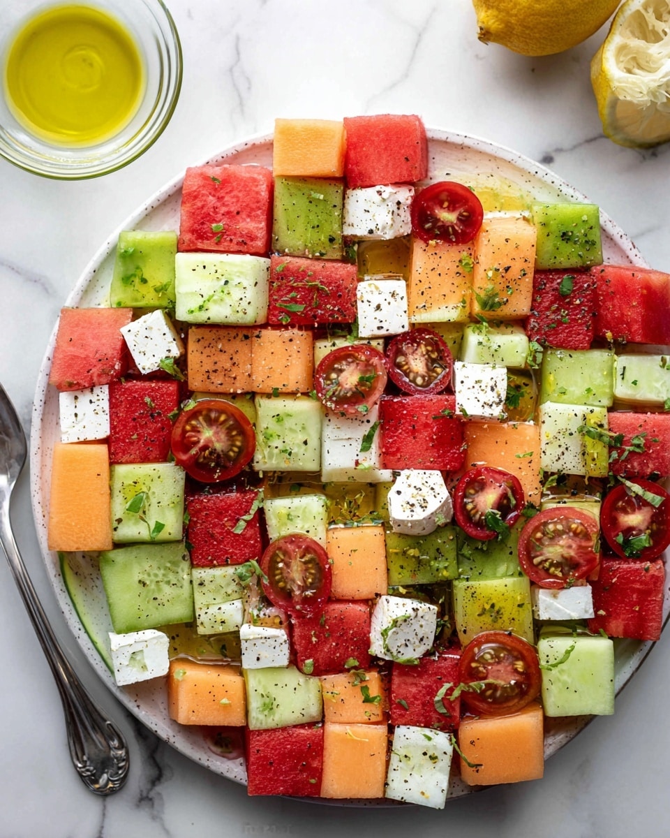 The image shows a white plate filled with a colorful salad made of evenly cut square pieces arranged closely in a grid pattern. The salad has five layers of cubes consisting of red watermelon with a juicy texture, pale green cucumber with a smooth surface, orange cantaloupe with a soft look, white feta cheese speckled with black pepper, and bright green avocado. Scattered on top are halved red cherry tomatoes, small green herbs, and black pepper specks. A lemon and a small glass bowl of golden olive oil with a silver spoon are placed near the plate on a white marbled surface. The overall look is fresh and vibrant, with natural lighting. photo taken with an iphone --ar 4:5 --v 7