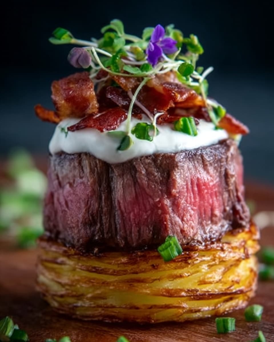 A close-up of a small, thick steak cooked medium-rare, standing vertically on top of a golden, crispy potato nest. The steak is topped with a smooth, white cream layer, several pieces of crispy bacon, chopped green herbs, and tiny green sprouts with purple flowers. The dish is set on a wooden surface with a blurred dark background. photo taken with an iphone --ar 4:5 --v 7
