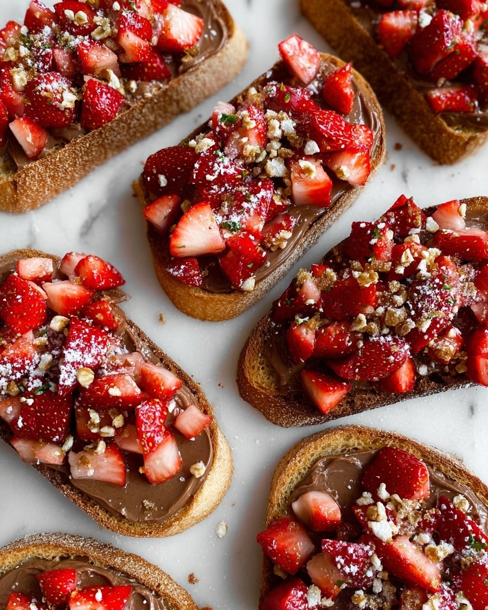 Several slices of crispy toasted bread lay flat on a white marbled surface, each topped with a smooth layer of chocolate spread that has a rich brown color and creamy texture. On top of the chocolate, there is a generous pile of small, chopped strawberries showing vibrant red and pink shades with juicy, glossy surfaces. Scattered on the very top are tiny bits of crunchy granola and a light dusting of white powdered sugar, adding texture and a soft contrast to the bright strawberries and dark chocolate. The bread edges are golden brown and slightly rough, highlighting the crispiness of the toast. Photo taken with an iphone --ar 4:5 --v 7