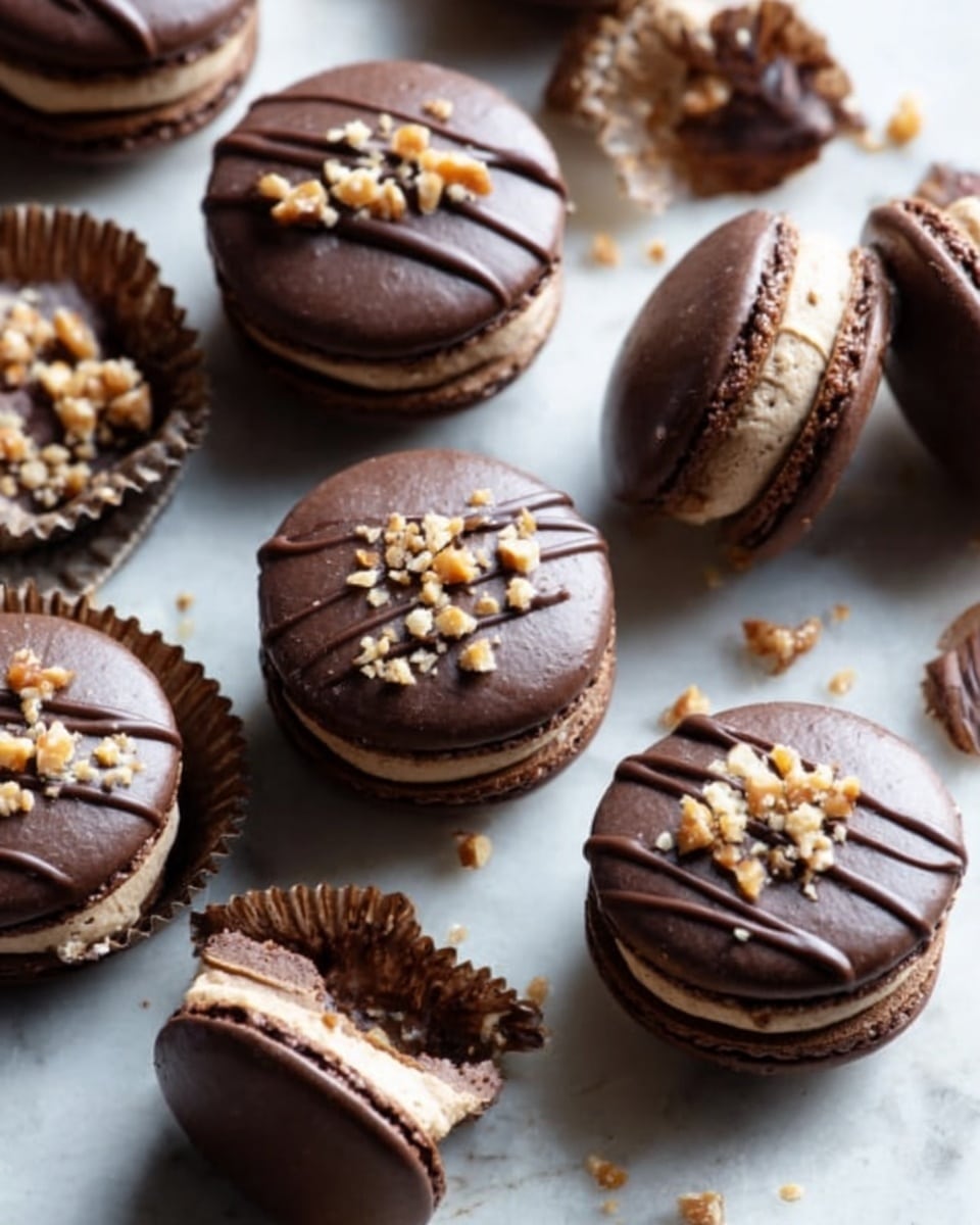 The image shows several round chocolate treats arranged on a white marbled surface. Each treat consists of two smooth, shiny dark chocolate layers with a visible creamy light brown layer of filling in between. The top chocolate layer is decorated with diagonal lines of dark chocolate drizzle and small crunchy bits sprinkled over it. Some treats are whole, while others have bites taken out, revealing the soft filling inside. Around the treats are empty white chocolate cups holding the desserts. photo taken with an iphone --ar 4:5 --v 7