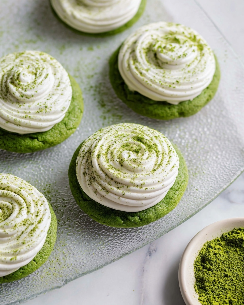 Four green matcha cookies are placed on a transparent glass tray with a textured edge, lying on a white marbled surface. Each cookie has one thick layer of vibrant green base with a soft texture, topped with a generous swirl of white creamy frosting, dusted evenly with fine green matcha powder creating a speckled effect. In the corner, a white plate holds more bright green matcha powder. The photo has a clean, fresh look and is taken with an iphone --ar 4:5 --v 7