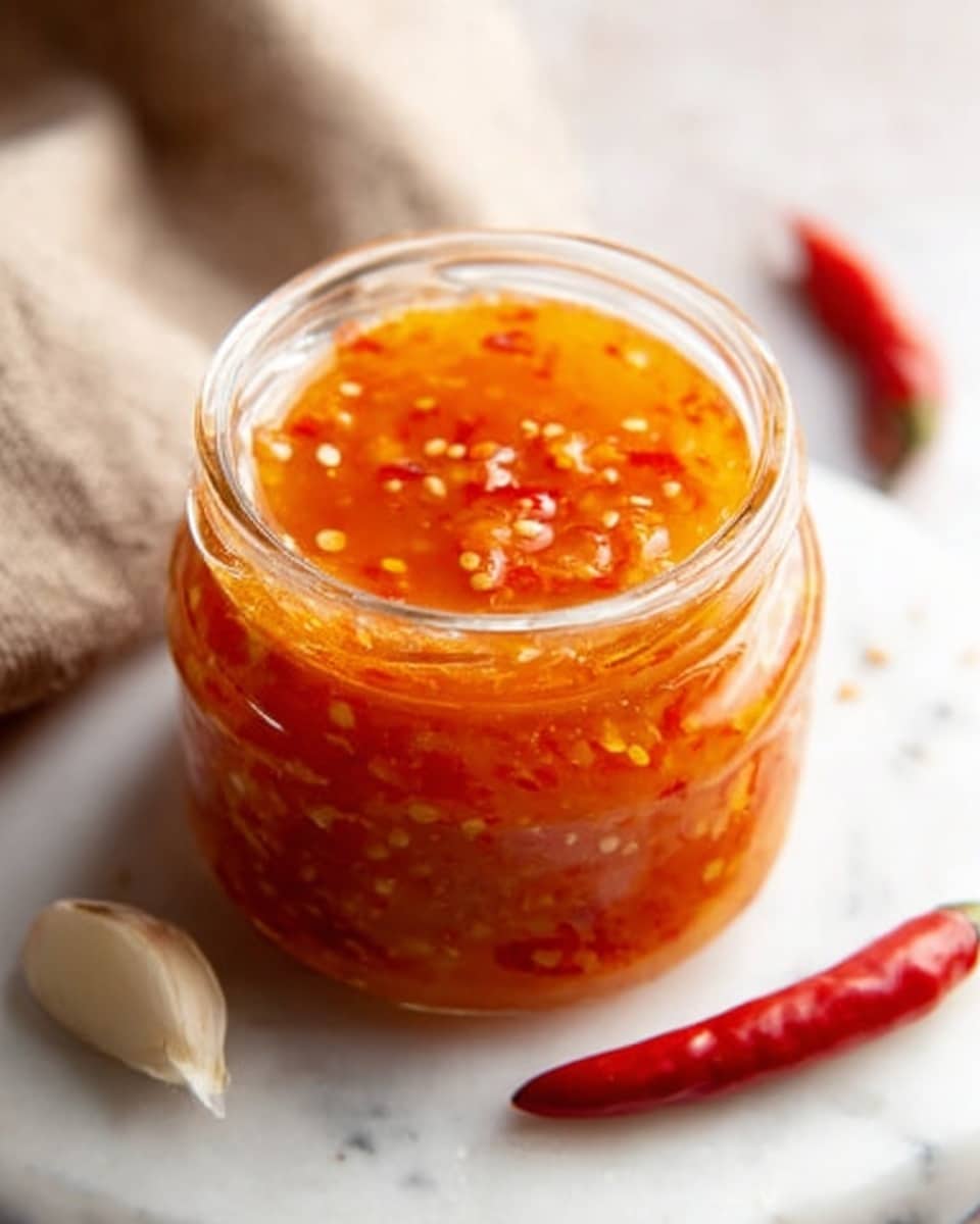 A clear glass jar filled with bright orange chili sauce showing visible seeds and small chunks of chili. The sauce has a slightly thick texture with a shiny surface. The jar sits on a white marbled surface with a whole red chili pepper and a clove of garlic nearby, adding a fresh and spicy feel to the image. In the background, a beige cloth is softly blurred, creating a warm and homey atmosphere. Photo taken with an iphone --ar 4:5 --v 7
