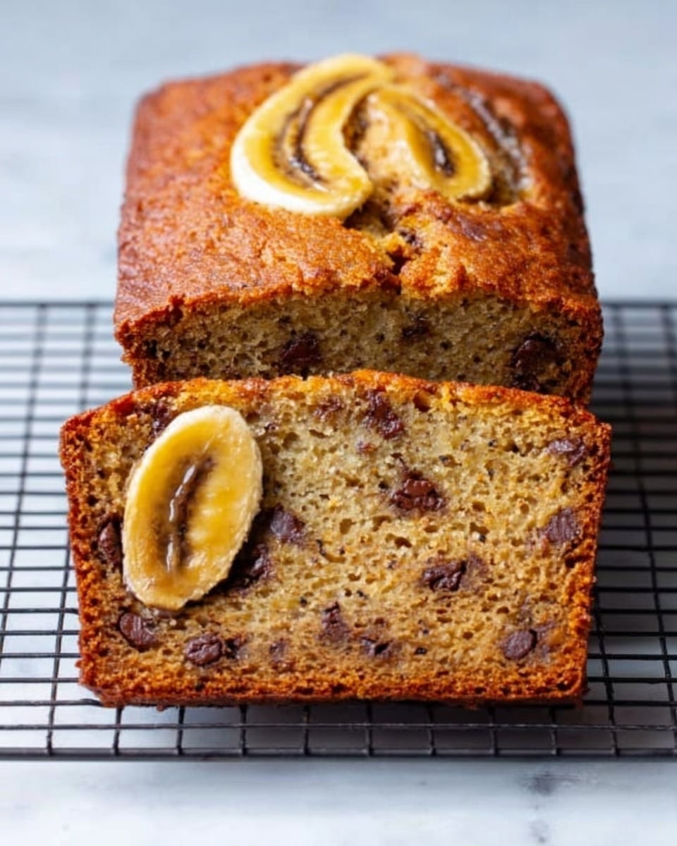 The image shows two slices of banana bread on a black wire rack over a white marbled surface. The top slice reveals a soft, light brown texture with visible pieces of dark chocolate chips throughout. Below it, a thicker slice has two halves of a banana placed on top, one larger and one smaller, both slightly browned and glossy, sitting on a golden-brown crust. The banana bread looks moist and dense, with small air holes visible inside. Photo taken with an iphone --ar 4:5 --v 7
