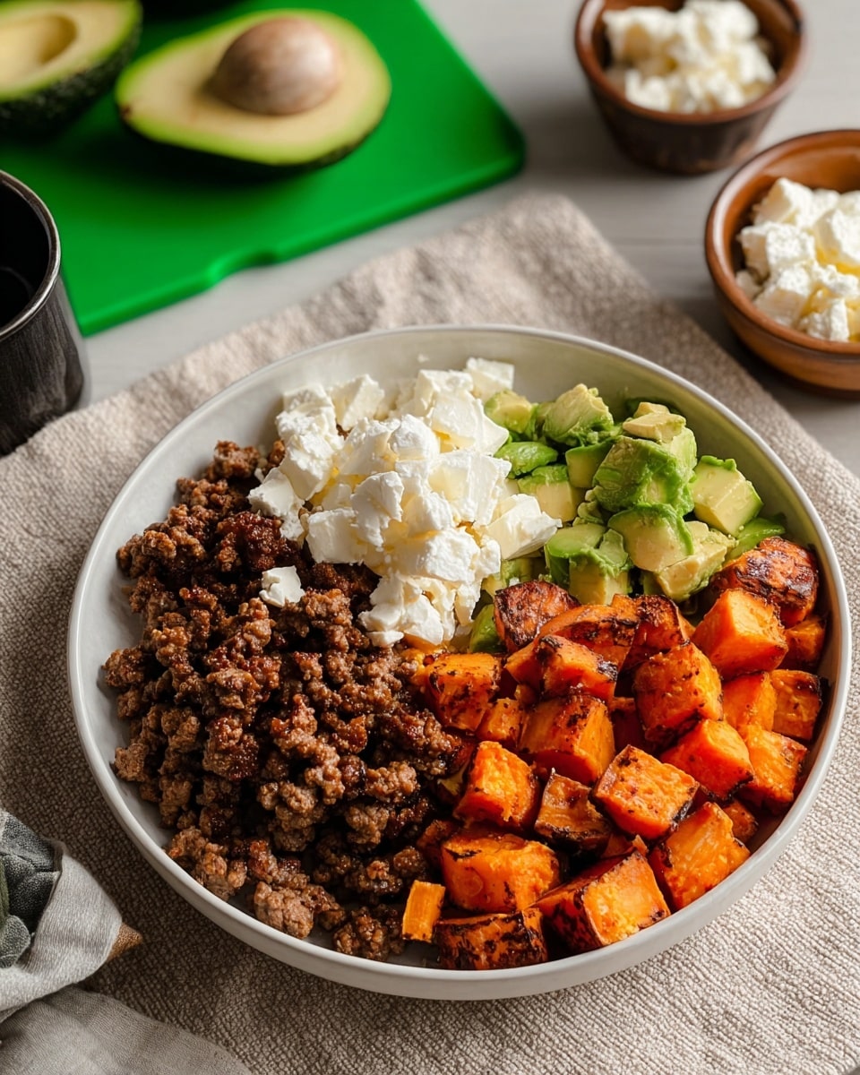 A white shallow bowl shows a dish divided into four clear sections: dark brown cooked ground meat on the left side, beside it a small pile of white cottage cheese with soft, bumpy texture, above that are chunky green avocado pieces with smooth skin, and on the right side are orange roasted sweet potato cubes with slightly charred edges. The bowl sits on a beige cloth with a green cutting board holding avocado pieces in the background and small bowls with cottage cheese and cooked meat nearby. photo taken with an iphone --ar 4:5 --v 7