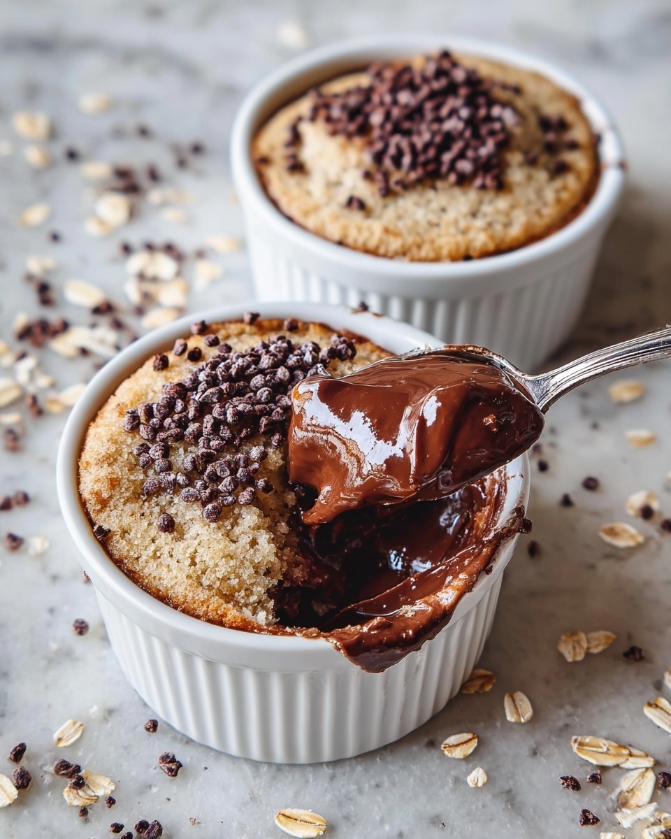 Two small white ramekins sit on a white marbled surface, each holding a baked dessert. The dessert has a light brown, soft cake top sprinkled with dark brown cacao nibs. One ramekin is untouched with the cake dome intact, while the other is partially scooped with a shiny, thick layer of melted dark chocolate filling exposed under the cake. A metal spoon is digging into the chocolate filling of the opened dessert. Around the ramekins, scattered cacao nibs and rolled oats add crude texture and color contrast. photo taken with an iphone --ar 4:5 --v 7