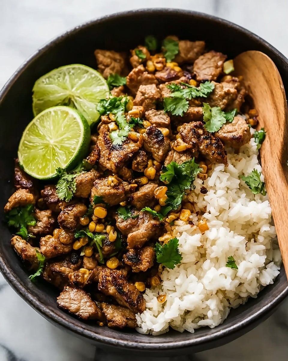 A bowl filled with two main layers: the bottom layer is white cooked rice with a soft texture, and the top layer is browned, grilled pieces of meat mixed with small golden toasted corn kernels. Green cilantro leaves are scattered over the meat, adding a fresh touch. Two green lime slices rest on one side of the bowl, and a light wooden spoon is placed inside the bowl on the right side. The bowl itself is dark-colored, placed on a white marbled surface. Photo taken with an iphone --ar 4:5 --v 7