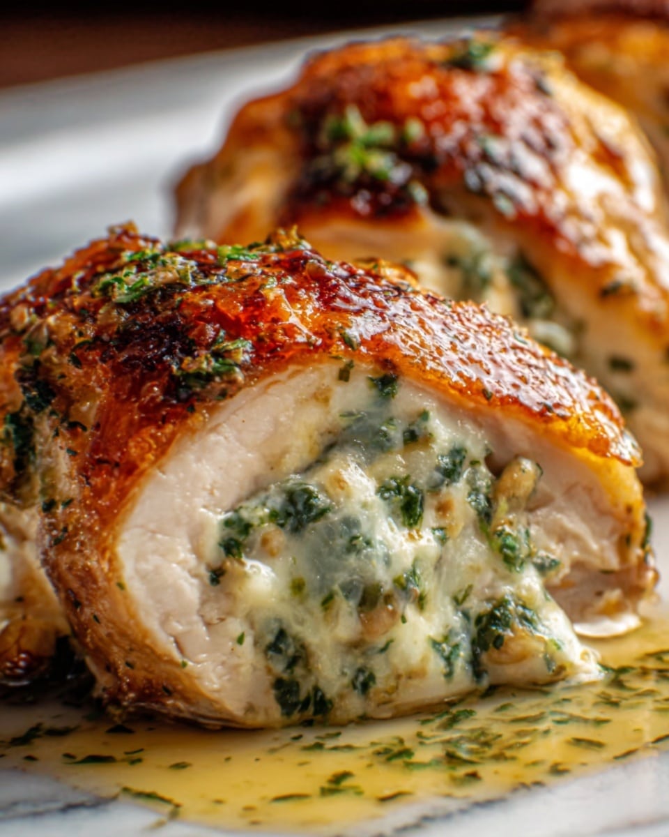The image shows a close-up of a stuffed chicken breast with a golden-brown crispy skin on top. The chicken is cut open, revealing a creamy white filling mixed with small green herbs, giving a soft, smooth texture inside. The dish has a glossy surface with a light layer of sauce around it, adding a slight shine. The chicken pieces rest on a white marbled surface, with the focus on the rich filling and the browned textured skin. Photo taken with an iphone --ar 4:5 --v 7