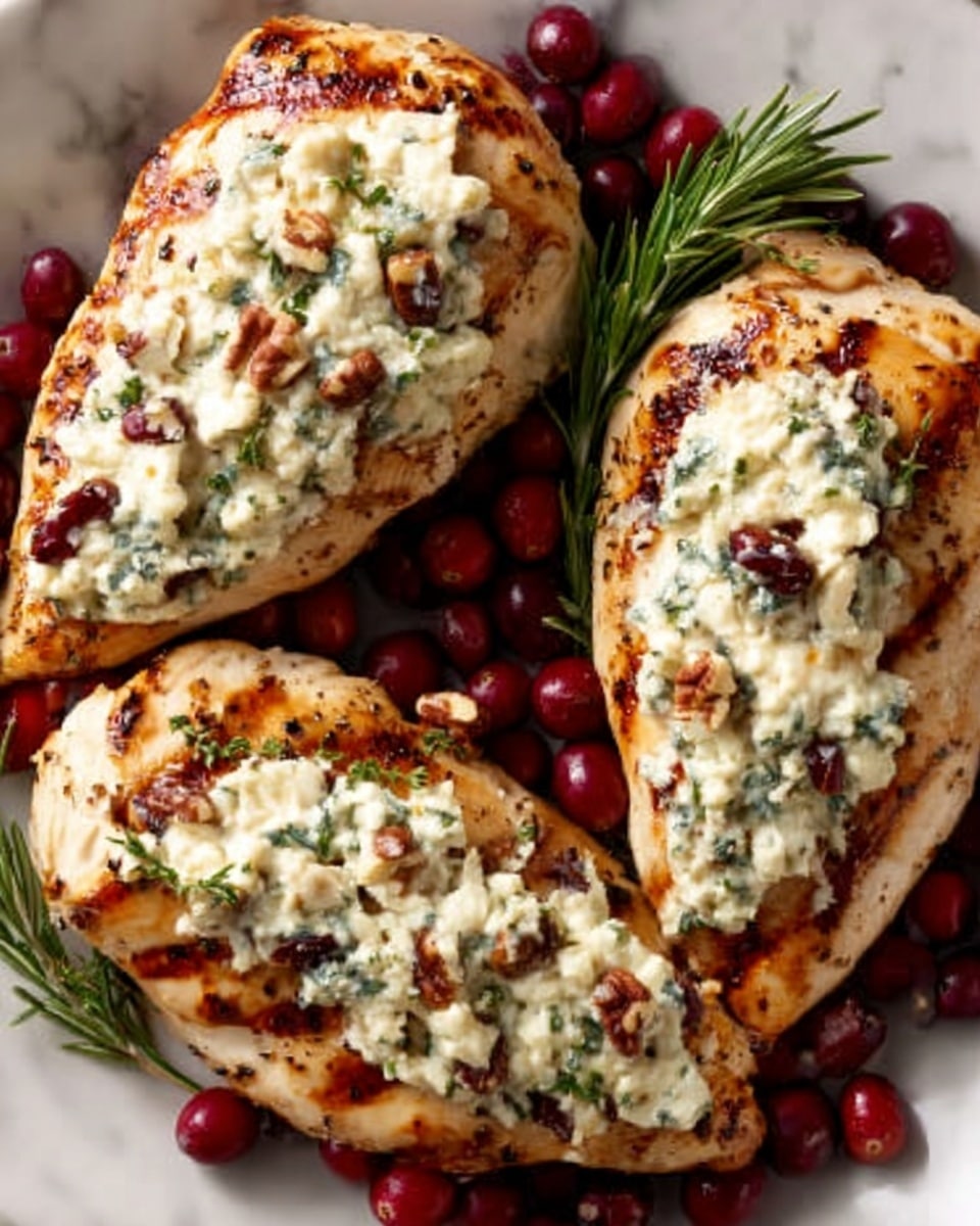 The image shows three cooked chicken breasts on a white plate, each topped with a thick layer of creamy herb cheese mixed with green herbs and small bits of nuts. Bright red cranberries are scattered around and on top of the chicken, adding a pop of color. A sprig of rosemary lies on one chicken breast, giving a fresh green contrast. The chicken breasts have a golden-brown grilled texture with visible grill marks, and the cheese layer looks smooth and fluffy. The plate sits on a white marbled surface. Photo taken with an iphone --ar 4:5 --v 7