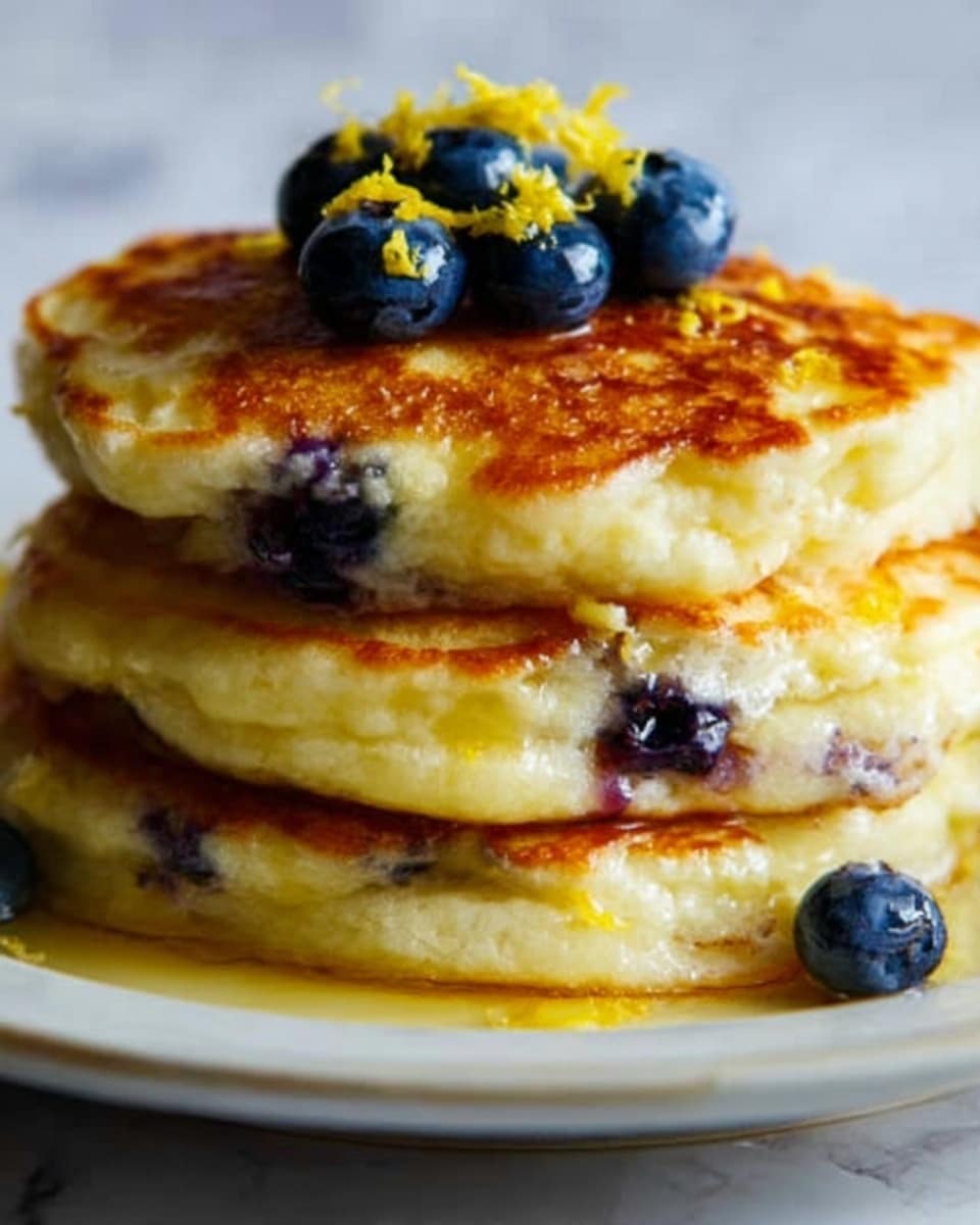 A stack of three thick golden-brown pancakes sits on a white plate, each pancake fluffy with visible soft texture and slightly crispy edges. Between the pancakes, some oozing melted butter and a few blueberries peek out. The top pancake is decorated with a small handful of fresh blueberries and a sprinkle of lemon zest, adding a pop of deep blue and bright yellow colors. The background has a clean white marbled texture, enhancing the warm tones of the pancakes. Photo taken with an iphone --ar 4:5 --v 7