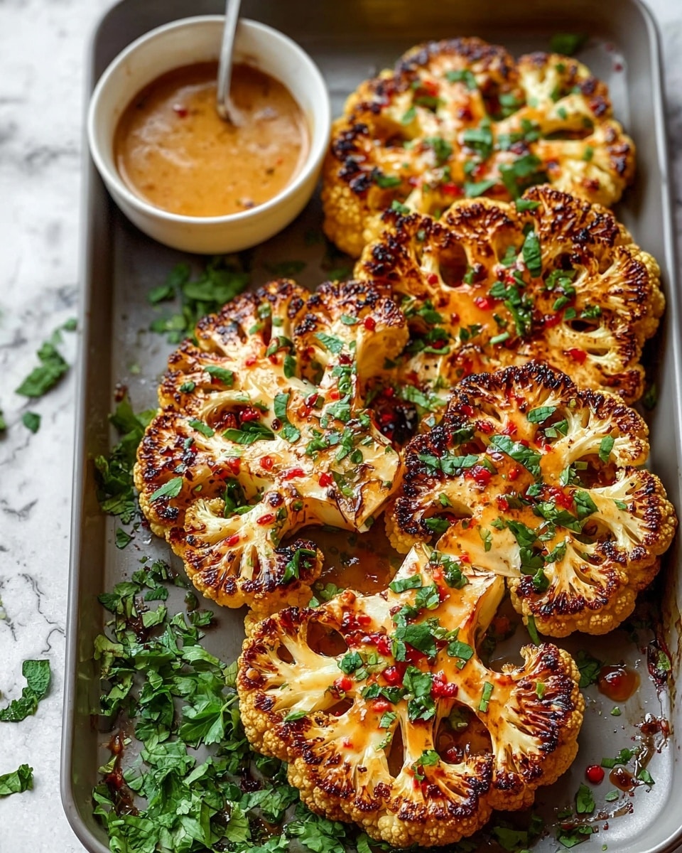 Four thick slices of roasted cauliflower with golden-brown charred edges are laid out on a tray. The cauliflower slices have a light orange glaze and are garnished with bright green chopped herbs and small red chili flakes scattered on top. A small white bowl filled with a creamy, honey-brown dipping sauce sits at the top left of the tray. Some fresh green herbs are spread around the tray corners on a white marbled surface. Photo taken with an iphone --ar 4:5 --v 7