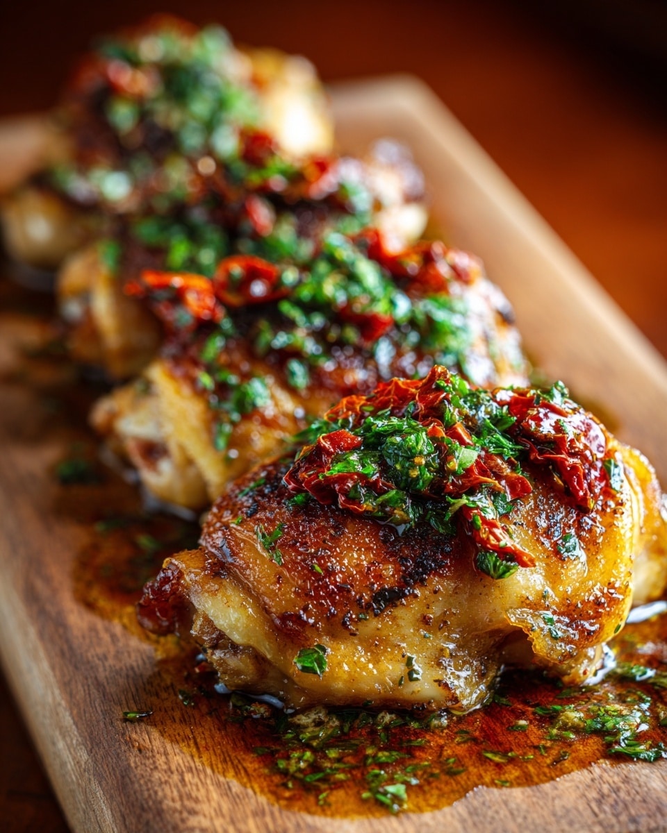 The image shows four pieces of golden brown cooked chicken thighs lined up on a wooden board. Each chicken thigh has a crispy, slightly charred skin with a shiny glaze that looks oily and seasoned. On top of each piece, there is a colorful layer of chopped green herbs mixed with bright red sun-dried tomatoes, adding texture and color contrast. The wooden board is covered with small bits of herbs and oil droplets, enhancing the rich and fresh look. The background is blurred, focusing all attention on the chicken thighs arranged neatly in a row. photo taken with an iphone --ar 4:5 --v 7