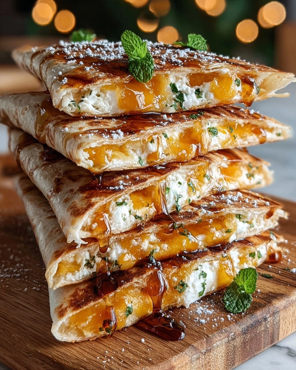 The image shows a stack of four grilled quesadilla quarters on a wooden board, each piece showing a golden brown, crispy outer tortilla layer with visible grill marks. Inside each quarter, there are two layers: a bright orange melted cheddar cheese layer and a white, crumbly cheese layer mixed with small green herb pieces. The top of the quesadillas is drizzled with dark amber honey, which drips down the sides, adding shine and contrast. Small green mint leaves and a light dusting of white powdered sugar are sprinkled on top, adding freshness and color. The background features a soft out-of-focus warm light bokeh and a white marbled surface. photo taken with an iphone --ar 4:5 --v 7