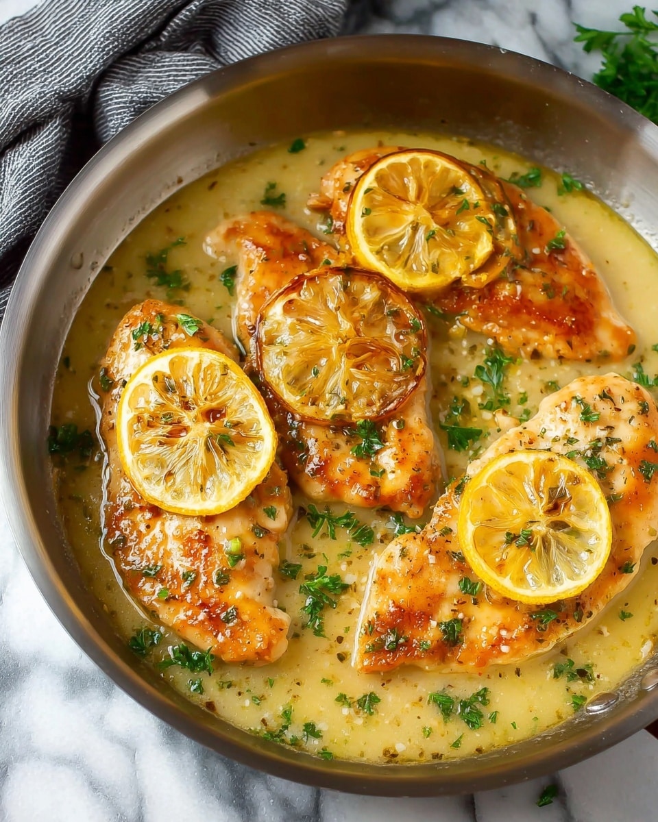 The image shows a metal pan with three cooked chicken breasts, each topped with a round slice of grilled lemon. The chicken has a golden-brown crispy texture and is covered in a light, glossy lemon butter sauce. Small bits of green parsley are sprinkled on and around the chicken pieces, adding a fresh color contrast. The chicken pieces are placed side by side, partially submerged in the light yellow buttery sauce. The pan is placed on a white marbled surface with a grey striped cloth visible in the upper left corner. photo taken with an iphone --ar 4:5 --v 7