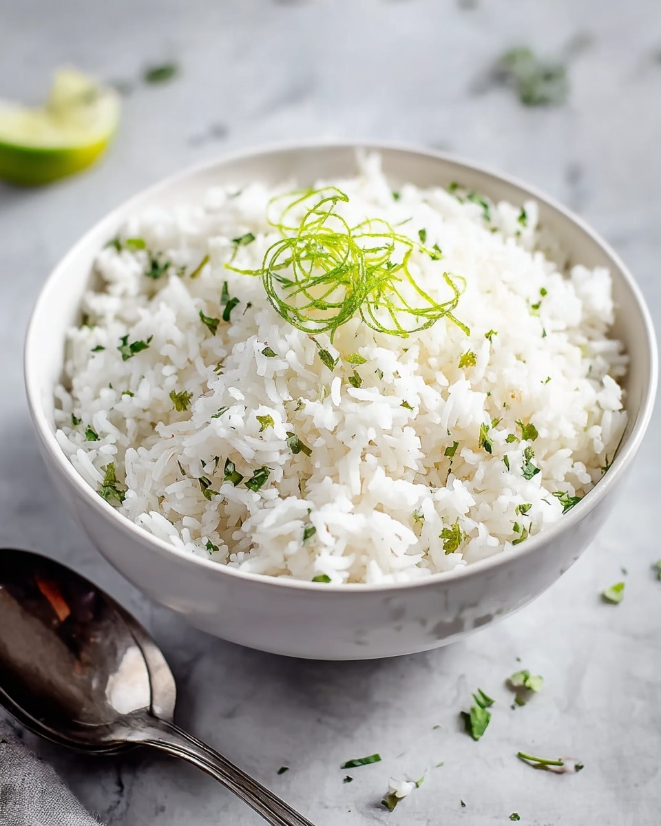 A white bowl filled with three visible layers of fluffy white rice grains, mixed evenly with small pieces of green herbs scattered throughout. On top, there is a small garnish of thin, curly green zest strips placed in the center. The bowl sits on a white marbled surface, with a silver spoon lying to the left side and small fragments of herbs and zest scattered around. Photo taken with an iphone --ar 4:5 --v 7