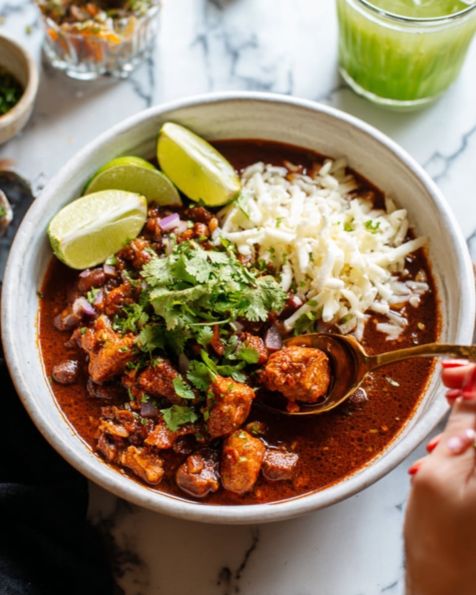 A white bowl filled with a rich, dark red stew with chunks of meat and garnished with fresh green cilantro on top, three lime slices placed on the left edge of the bowl, and a heap of shredded white cheese or chicken on the right side. A woman's hand with a spoon is reaching from the top right, scooping some stew. The bowl sits on a white marbled surface, with a green drink and some blurred background elements. Photo taken with an iphone --ar 4:5 --v 7
