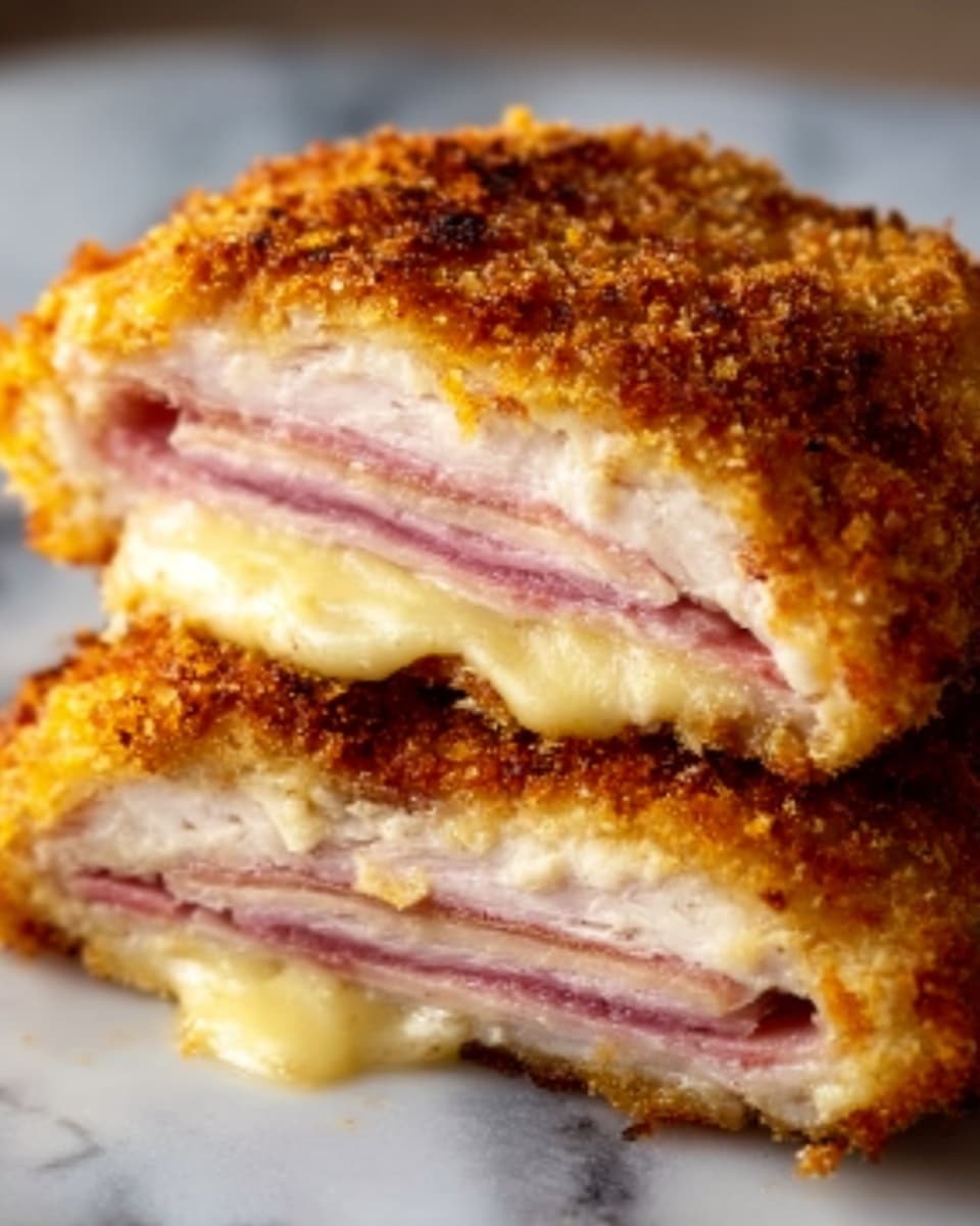 The image shows a close-up of a golden-brown breaded dish cut in half, revealing three layers inside: a crisp outer crust with a crunchy texture, a middle pink layer of ham, and an inner creamy yellow melted cheese layer. The layers are stacked evenly, creating a neat cross-section. The surface underneath is a white marbled texture. Photo taken with an iphone --ar 4:5 --v 7