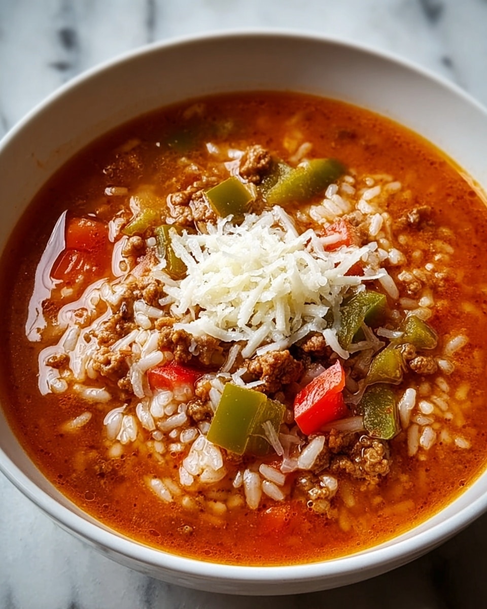 A white bowl filled with a thick stew containing three main layers: at the bottom, a rich orange-red broth, followed by scattered white rice grains mixed with small chunks of browned ground meat and diced green and red bell peppers, and topped with a small mound of shredded white cheese in the center. The stew looks moist with visible bits of onion and a glossy finish, all against a white marbled surface. photo taken with an iphone --ar 4:5 --v 7