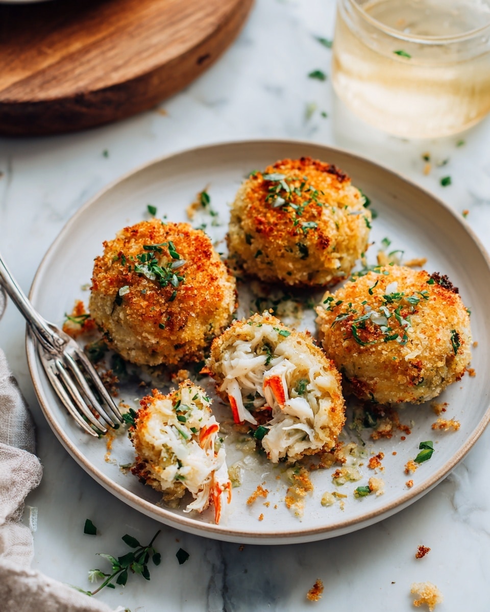 Four round fried crab cakes sit on a white plate over a white marbled surface. Each crab cake has a golden-brown crispy crumb coating with small green herb pieces sprinkled on top. One crab cake is cut open, showing a creamy white crab meat mixture with small orange and green bits inside. A crab claw with orange and white color sticks out from beneath one of the crab cakes, adding texture and color contrast. Small green herb bits are scattered on the plate around the crab cakes. Photo taken with an iphone --ar 4:5 --v 7