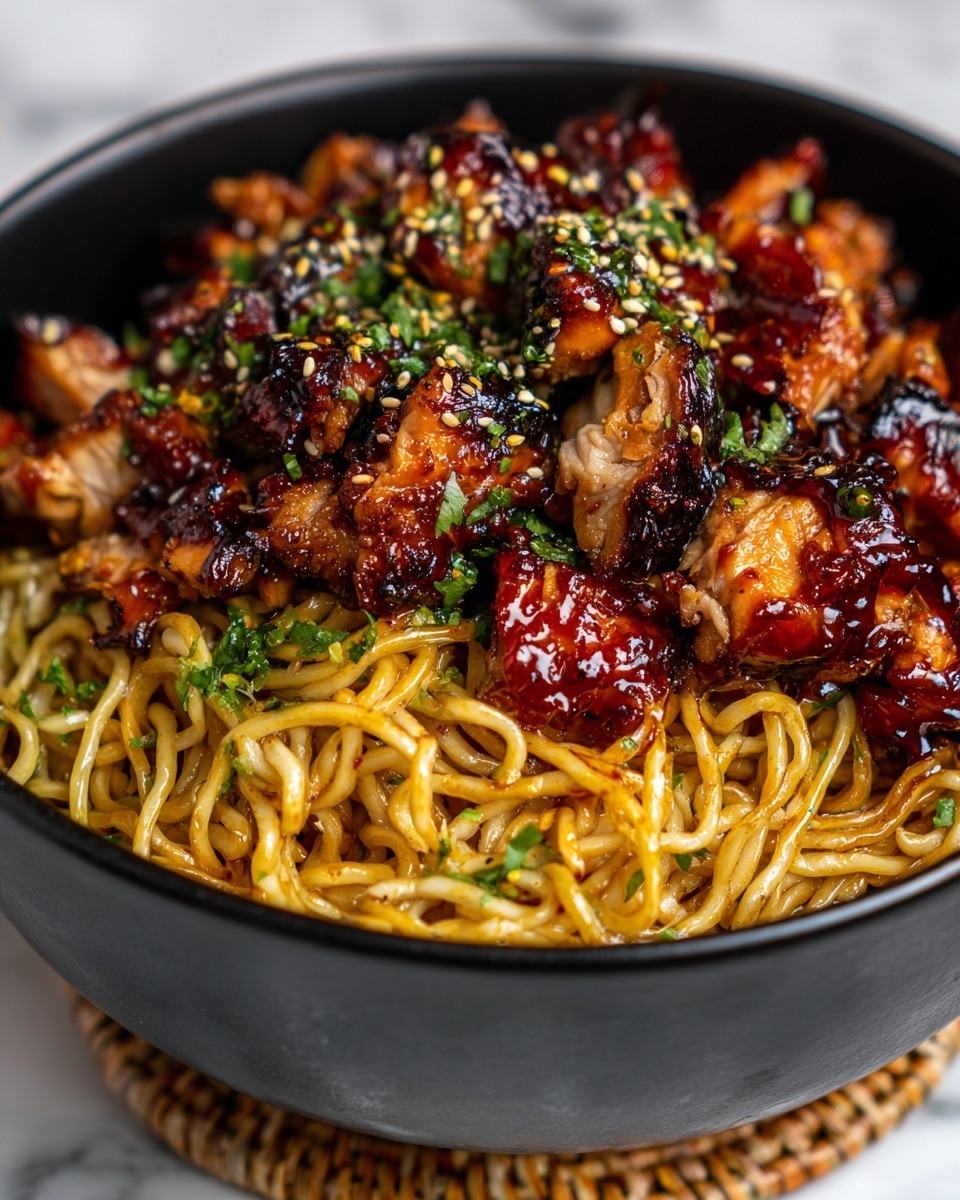 A bowl shows two main layers: the bottom layer is a bed of yellowish-orange noodles with a shiny, slightly oily texture, tangled and glistening with sauce. On top, there are dark brown, glazed chicken pieces with a glossy finish, some charred spots adding texture and depth. The chicken is sprinkled with chopped fresh green herbs and white sesame seeds scattered unevenly. The bowl is white and rests on a white marbled surface. photo taken with an iphone --ar 4:5 --v 7