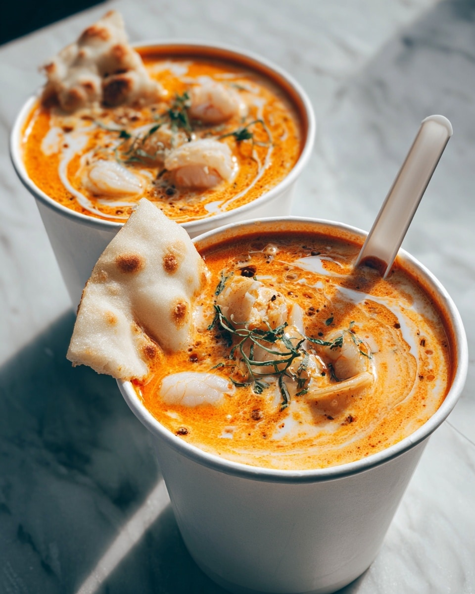 Two white paper cups filled with creamy orange-colored soup are shown on a white marbled texture. Each cup has a layer of thick, creamy soup with a smooth texture and orange swirls on top. Floating on the surface are chunks of white, tender seafood pieces, garnished with small green herb leaves. In the front cup, a large piece of light beige crispy flatbread is placed standing inside. A white plastic spoon is also inserted in the front cup, slightly angled to the right. The photograph is close-up and softly lit. photo taken with an iphone --ar 4:5 --v 7