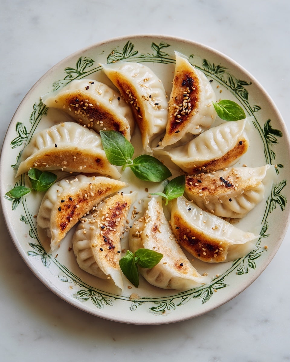 A white round plate with green leafy patterns holds about eleven dumplings arranged in a loose circle. Each dumpling has a smooth, slightly translucent white outer skin with neat ridge folds on top. The dumplings show a mix of textures with some parts browned and crispy from pan-frying, while the rest remain soft and pale. Small toasted sesame seeds sprinkle on and around the dumplings. The plate sits on a white marbled surface. photo taken with an iphone --ar 4:5 --v 7
