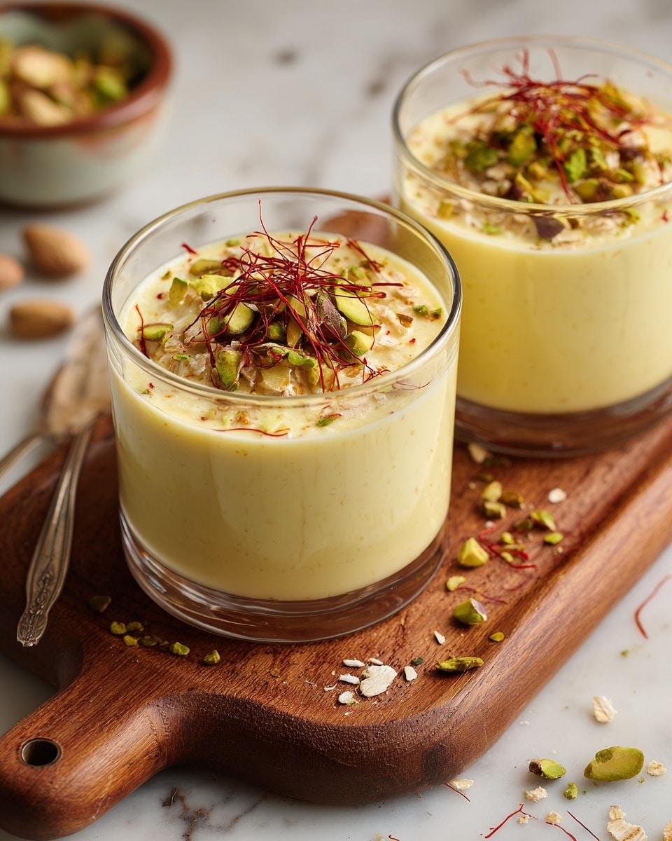 A glass container holds a creamy yellow liquid with small clumps of oatmeal mixed in, topped with thinly sliced green pistachios and a few thin red strands of saffron scattered on top. The glass sits on a round brown wooden board with a handle, which is placed on a white marbled surface sprinkled with some oats and green seeds. Part of another similar glass container is visible on the left side. photo taken with an iphone --ar 4:5 --v 7