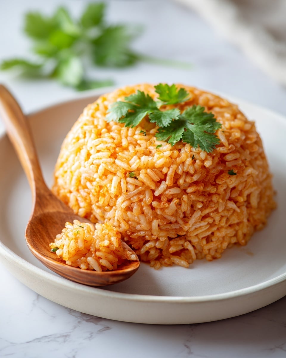 A dome-shaped mound of yellow-orange fried rice with visible grains and small bits of seasoning sits in the center of a white plate with a white marbled texture background. The rice is garnished on top with bright green cilantro leaves. A wooden spoon holds a scoop of the rice in front of the mound, showing the loose, fluffy texture of the grains. The bright light casts soft shadows, highlighting the rice’s glistening surface. photo taken with an iphone --ar 4:5 --v 7