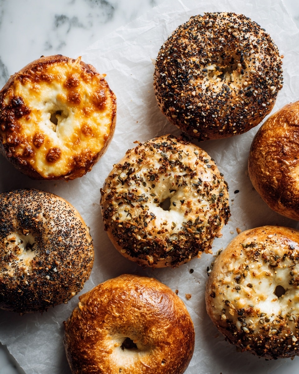 A close-up view of six bagels arranged on white parchment paper placed over a white marbled surface, with varied toppings and textures; one bagel shows melted browned cheese unevenly spread on top with a rough golden crust, two bagels are covered densely with mixed seeds and seasoning in dark brown and white hues, while the remaining bagels have plain golden-brown crusts with smooth, shiny surfaces and small round holes in the center. photo taken with an iphone --ar 4:5 --v 7