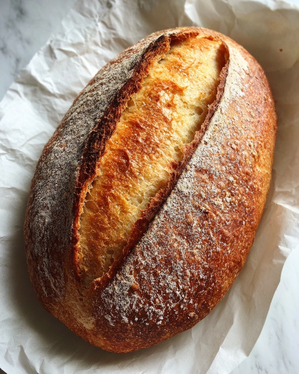 A close-up view of a freshly baked round loaf of bread with a thick, crispy golden-brown crust that has a dusting of flour on it. The loaf features a long, deep, oval-shaped cut across the top showing the soft, light cream interior bread with a fluffy texture. The bread is placed inside white parchment paper with crinkled edges. The background shows a white marbled texture, enhancing the warm color of the bread. photo taken with an iphone --ar 4:5 --v 7