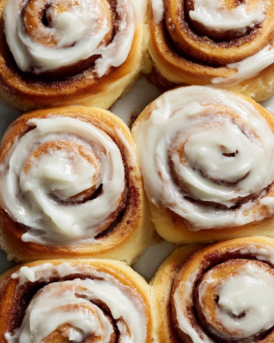 The image shows a close-up view of soft, golden-brown cinnamon rolls arranged closely together in a white bowl. Each roll has several spiral layers, with the light brown dough creating a swirl pattern filled with a darker cinnamon layer. On top, thick, creamy white frosting is spread, covering much of the surface but still allowing the swirls of dough and cinnamon to show through in places. The texture of the frosting looks smooth and slightly glossy, adding a rich contrast to the warm tones of the cinnamon rolls. The background is a white marbled surface. photo taken with an iphone --ar 4:5 --v 7