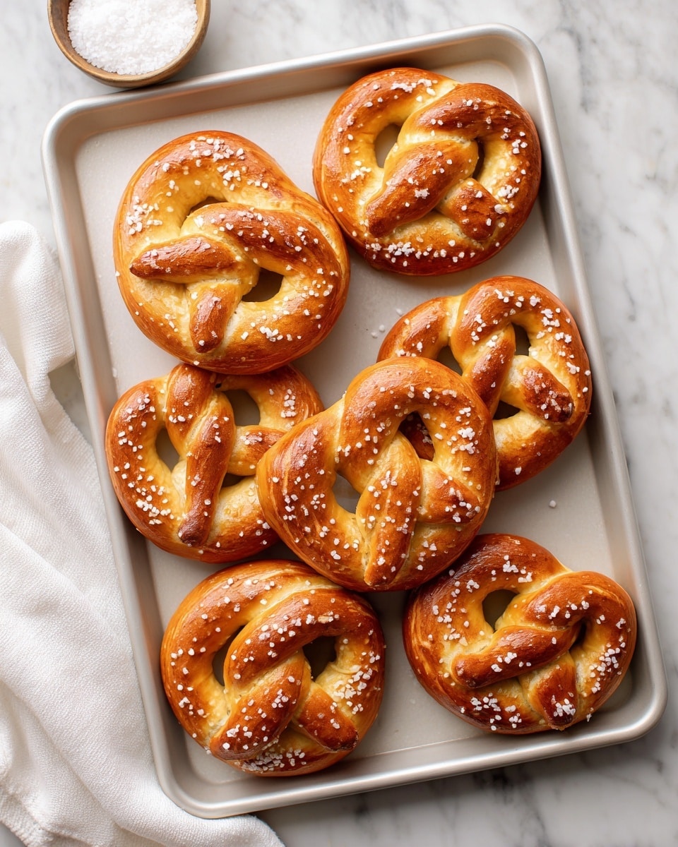 The image shows a white baking tray filled with seven freshly baked pretzels that have a shiny, golden-brown crust. Each pretzel is twisted into the classic knot shape and sprinkled lightly with coarse, white salt crystals. The pretzels are evenly spaced, showcasing their soft, smooth texture with small, raised bubbles on the surface. To the top left of the tray, there is a small white bowl filled with more coarse salt. The tray rests on a surface with a white marbled texture, and a white cloth can be seen to the left side of the tray. photo taken with an iphone --ar 4:5 --v 7