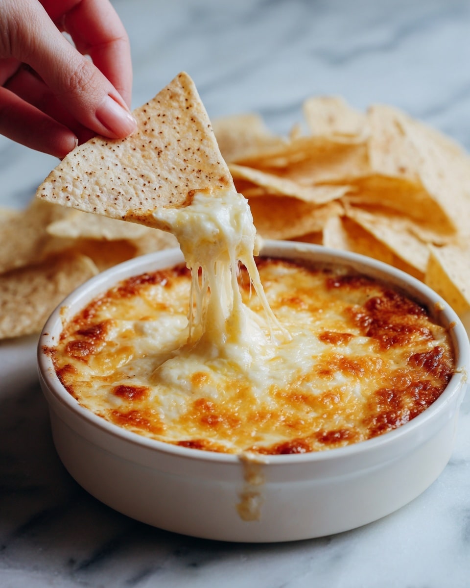 A white ceramic round dish filled with a creamy orange dip topped with a layer of melted white cheese that has golden orange spots. A woman's hand holds a large triangular beige chip with black specks, dipping into the cheesy top layer, pulling strands of melted cheese that stretch between the chip and the dish. In the background, more beige chips are slightly out of focus on a white marbled surface. photo taken with an iphone --ar 4:5 --v 7