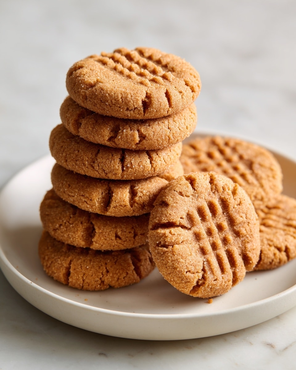 A white plate filled with a pile of round peanut butter cookies, each cookie showing a crisscross pattern pressed on top. The cookies are light golden brown with a slightly crumbly texture, stacked casually with some overlapping. The plate is set on a white marbled surface. photo taken with an iphone --ar 4:5 --v 7