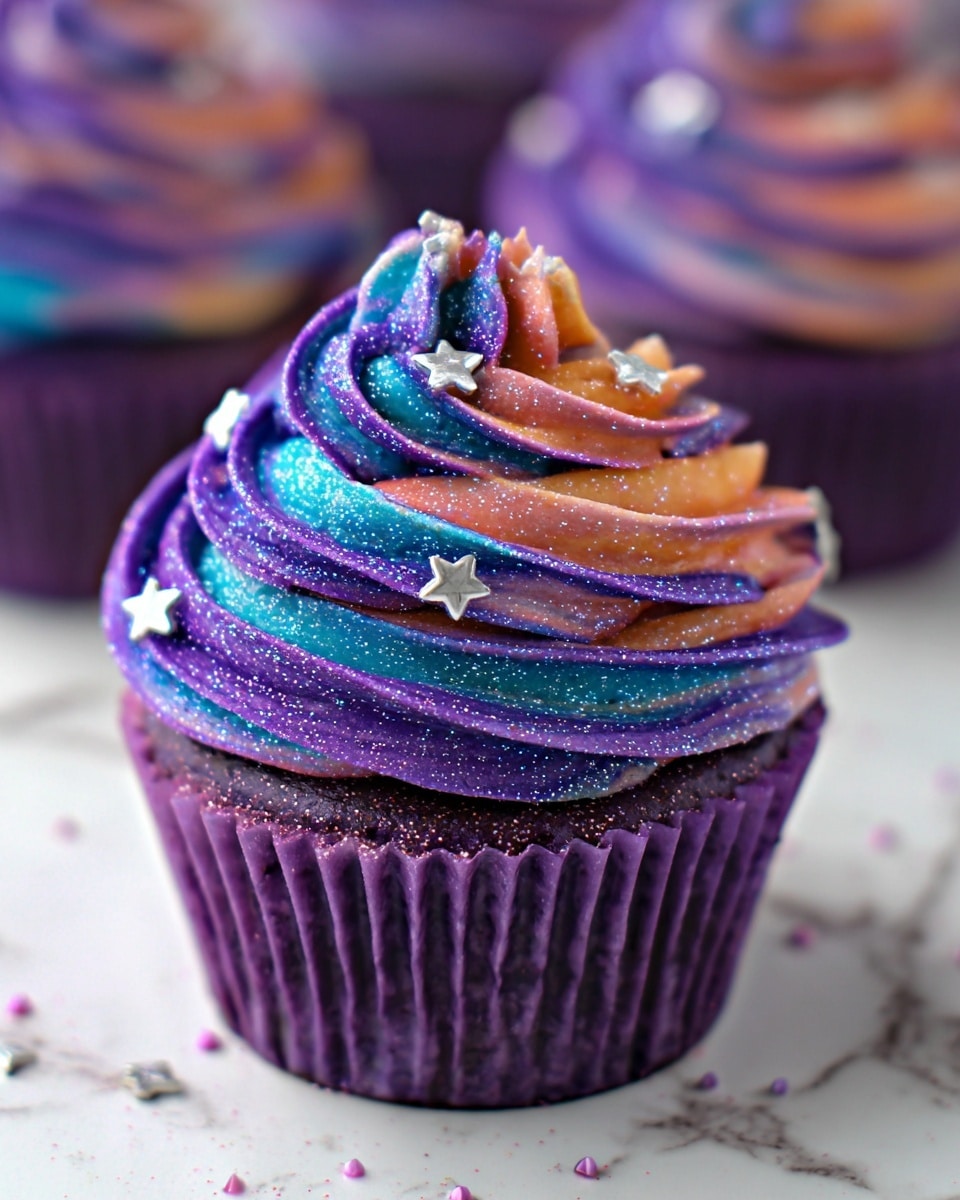 A close-up view of a cupcake with three main layers: the bottom layer is a moist purple cake base with a slightly rough texture, sitting inside a peeled back purple cupcake wrapper; the top layer is a swirl of smooth, creamy frosting in vibrant purple, blue, and a hint of orange, piped in neat vertical ridges spiraling up to a pointed peak; scattered over the frosting are small, shiny white star-shaped sprinkles that add sparkle. The cupcake rests on a white marbled surface, with blurred similar cupcakes in the background. photo taken with an iphone --ar 4:5 --v 7