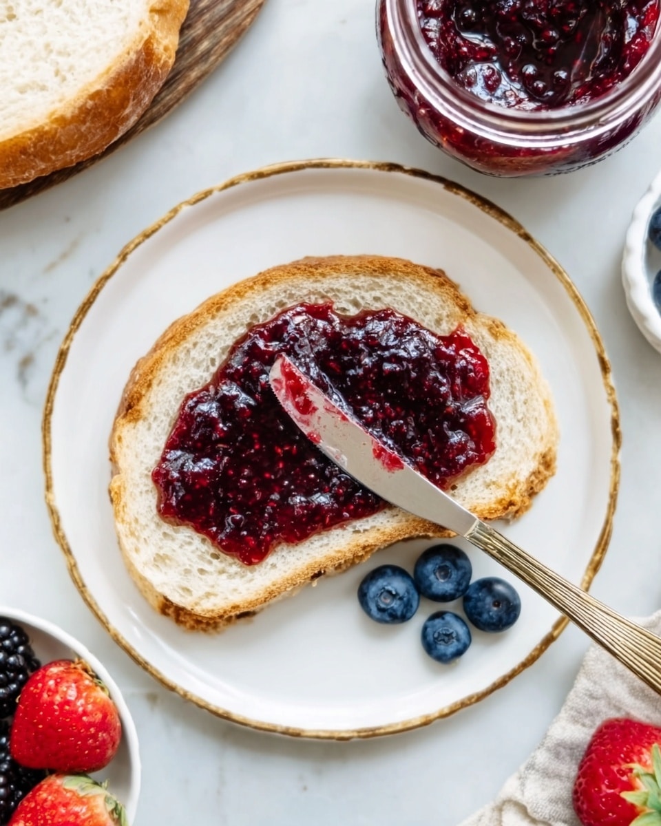 A white plate with a thin gold rim holds a single slice of light brown bread with a slightly rough texture. On the bread, a thick, uneven layer of dark purple jam is spread partially, with a silver butter knife placing the jam on the bread. Three fresh blueberries are arranged in a row near the bottom edge of the plate. Surrounding the plate, there are fresh strawberries and blackberries on a white marbled surface. A woman's hand holds the butter knife, adding a natural touch to the scene. Photo taken with an iphone --ar 4:5 --v 7