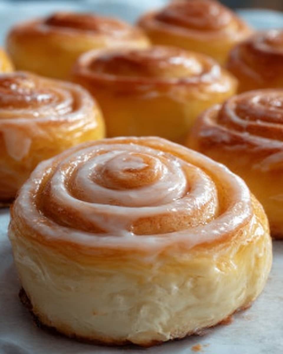The image shows a close-up of soft, shiny cinnamon rolls arranged in two rows on a white marbled surface. The focus is on one large cinnamon roll in the front displaying tightly coiled layers of light golden-brown dough with a smooth, glossy icing covering the top. The layers are thick and fluffy, with a slightly translucent glaze, while the rolls in the background are a warm golden-brown color, softly blurred to keep attention on the front roll. The overall color palette is warm with light cream and brown tones, and the texture looks soft and sticky. Photo taken with an iphone --ar 4:5 --v 7