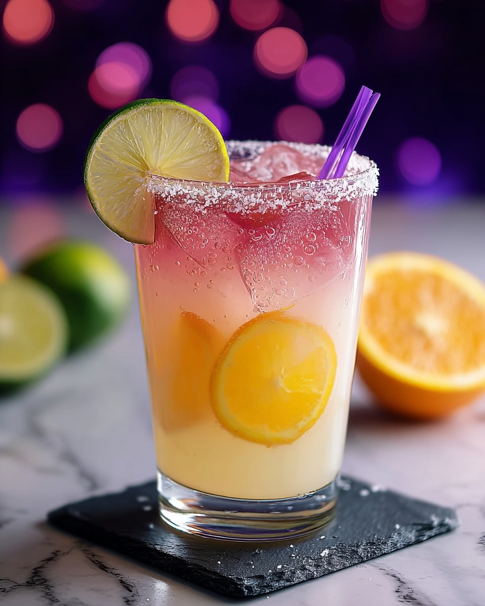 A clear glass filled with a two-layered drink sits on a black slate coaster placed on a white marbled surface. The bottom layer is pale yellow with thin round slices of orange immersed in it, showing vibrant orange colors. The top layer is a translucent pinkish-red with bubbles rising through it, topped with ice cubes. The glass rim is coated with a layer of coarse salt, and a fresh lime wedge leans on the rim. A purple straw is inserted inside the glass, and blurry halves of lime and orange fruits are scattered in the background with purple and pink bokeh lights. Photo taken with an iphone --ar 4:5 --v 7