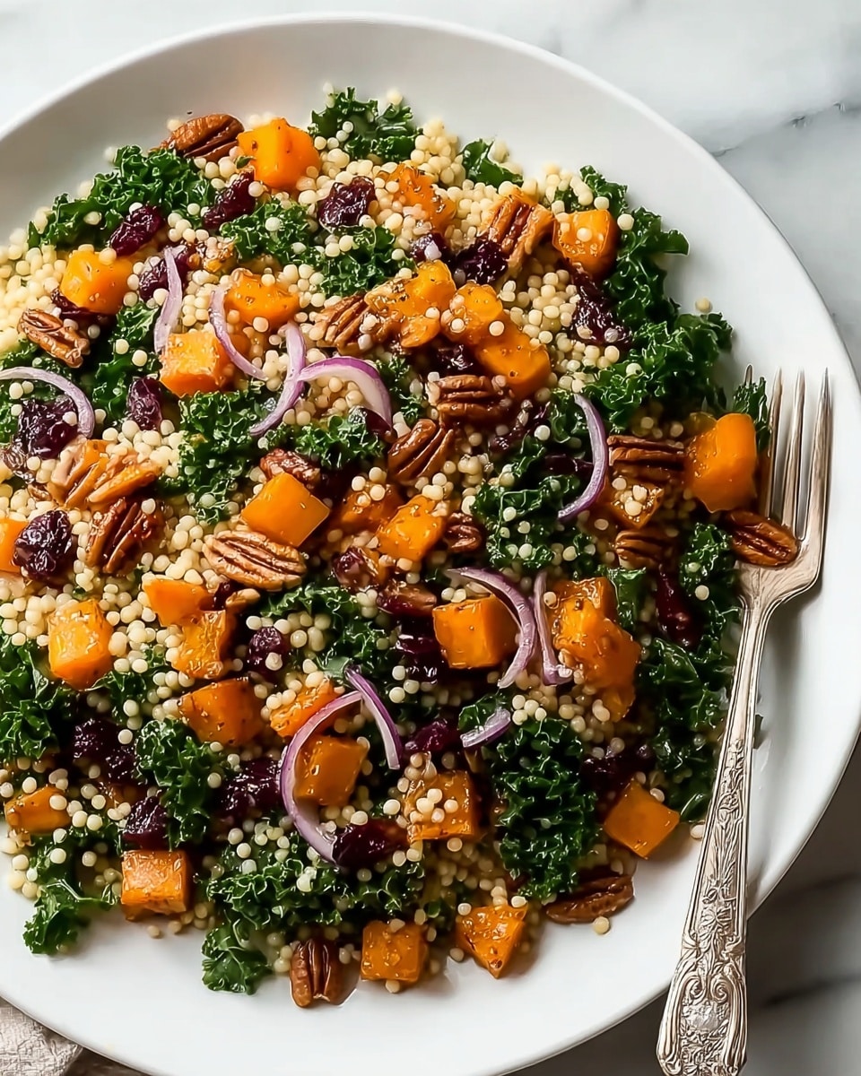 A large white plate holds a layered salad featuring a base of light golden pearl couscous, scattered with bright orange roasted pumpkin cubes and deep green kale leaves. Thin slices of purple-red onion are spread throughout, adding a delicate translucent layer. Dark brown pecan halves and small clusters of deep red dried cranberries are interspersed evenly on top, creating a varied texture and color contrast. A silver ornate fork rests on the right side of the plate, and the dish is set against a white marbled surface. photo taken with an iphone --ar 4:5 --v 7