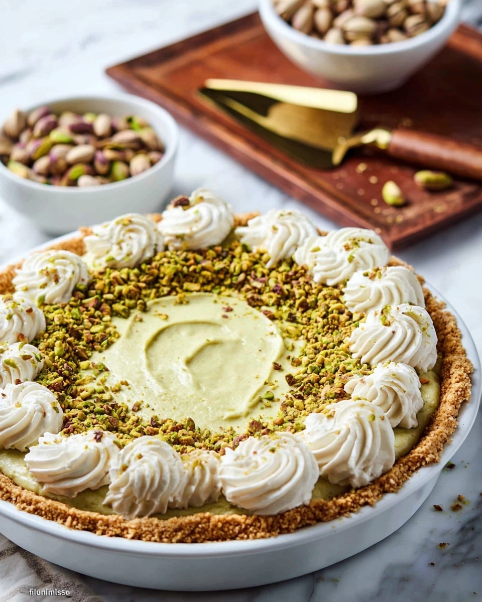 A pie with a rough, golden-brown crust forms the bottom and edge layer, topped with a smooth, light green filling that is evenly spread across the center. Around the edge of the filling, there are large, white cream swirls, garnished with crushed pistachio nuts that add a touch of green and brown texture. The pie sits in a white ceramic pie dish on a white marbled surface. In the background, there is a white bowl filled with mixed pistachios and a shiny gold pie server with a wooden handle resting on a brown board. Photo taken with an iphone --ar 4:5 --v 7