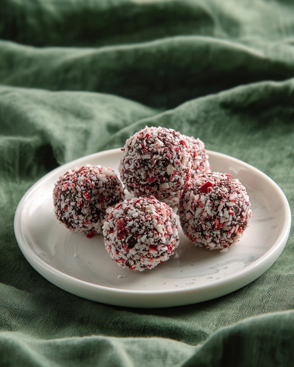 Five round dessert balls are placed on a white plate with a smooth surface, which rests on green wrinkled cloth. Each ball is covered with small chunks that are both red and white, giving a textured and crunchy look. The balls have a dark base layer visible under the coating. The plate sits centered and is slightly tilted, showing the uneven shapes of the balls clearly. Photo taken with an iphone --ar 4:5 --v 7
