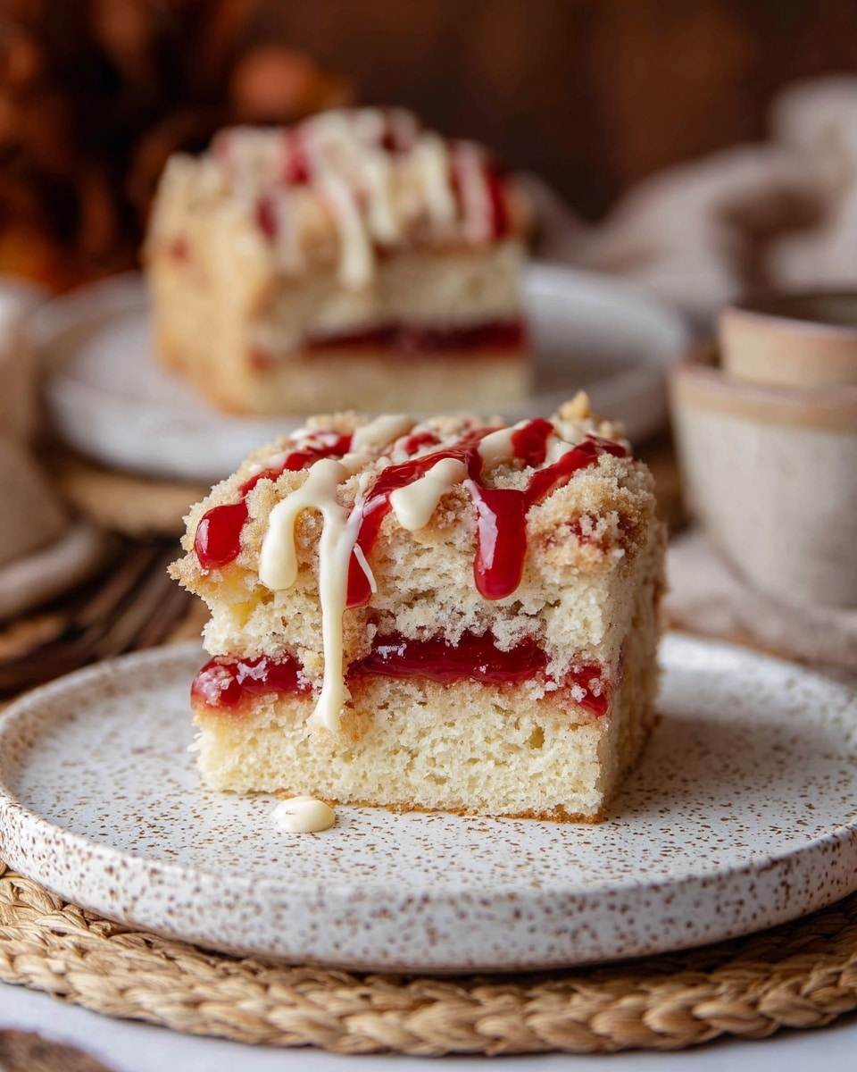 A close-up of a crumb cake slice on a round white speckled plate, showing two thick, light golden cake layers separated by a thin layer of red jam. The top cake layer is covered with a crumbly, light beige streusel topping, drizzled with bright red and white icing that runs slightly down the sides. In the blurred background, two more crumb cake slices sit on white plates against a warm, cozy setting. The plate is placed on a woven natural fiber mat over a white marbled texture surface. Photo taken with an iphone --ar 4:5 --v 7